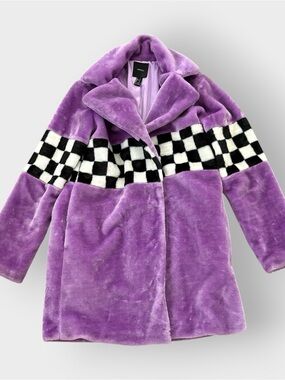 Forever 21 Purple Checkered Line Fuzzy Faux Fur Collared Coat - Festival